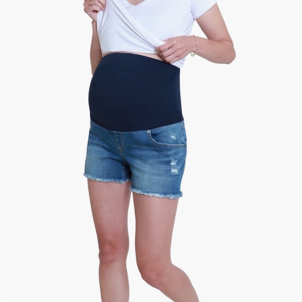 Ingrid & Isabel Over the Bump Cutoff Denim Maternity Shorts - Picture 4 of 8